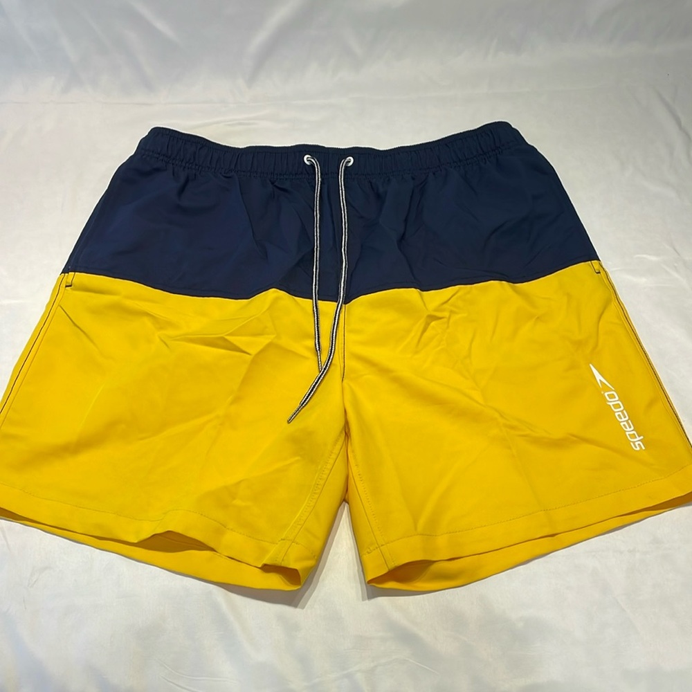 Speedo XXL Colorblock Swim Trunks Yellow Navy Beach Pool Lined Drawstring Shorts